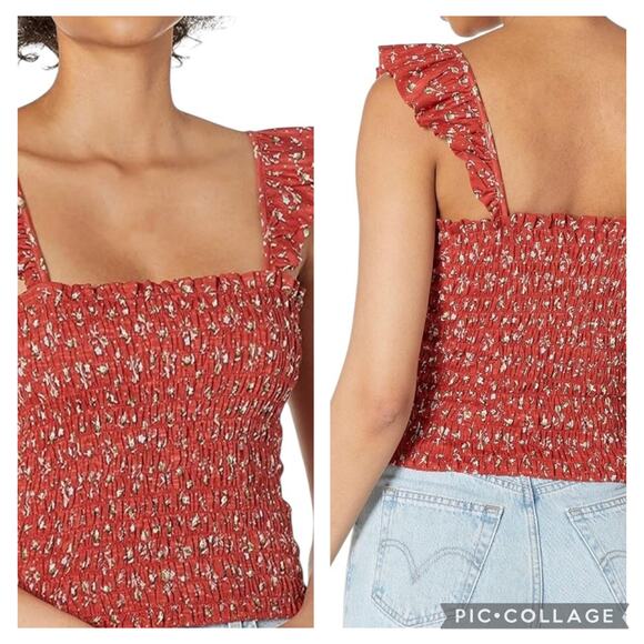 Lucky Brand Red Ditsy Floral Ruffled Crop Smocked Cami Tank LARGE Y2K Coquette - Picture 1 of 9